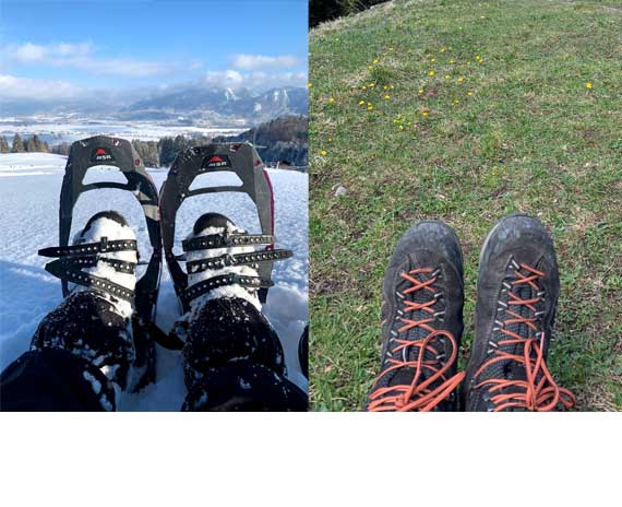 Snowshoes and hiking shoes