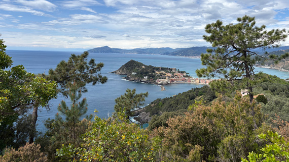 Panoramic view of the Ligurian coastline with lush green hills, turquoise sea, and the village of Sestri Levante.