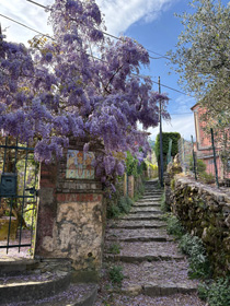 Panoramic view of the Ligurian coastline with lush green hills, turquoise sea, and the village of Sestri Levante.