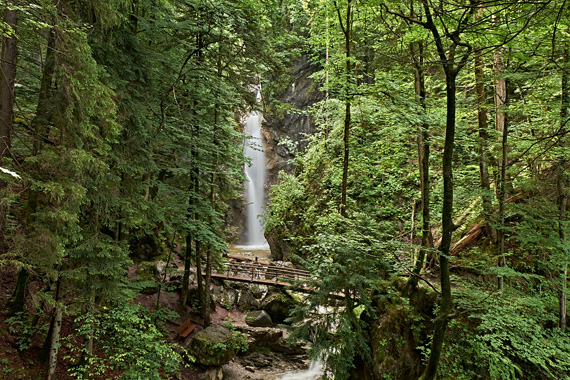 Waterfall in the Bavarian Alps surrounded by lush green forest, captured along a guided nature hike near Kochelsee – typical scenery of Four Elements outdoor tours.