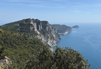 View of rugged coastal cliffs covered with green vegetation overlooking the calm blue sea under a clear sky