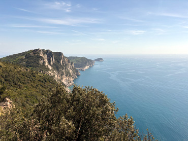 View of rugged coastal cliffs covered with green vegetation overlooking the calm blue sea under a clear sky