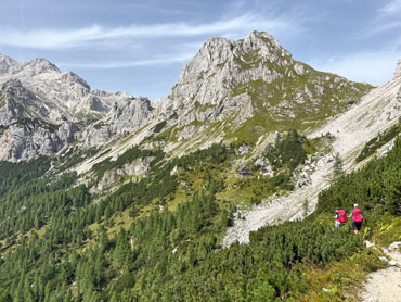 Hikers walking along a mountain trail beneath towering limestone peaks in Slovenia's Julian Alpsk