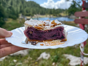 Traditional blueberry strudel served beside an alpine lake in Slovenia's Julian Alps