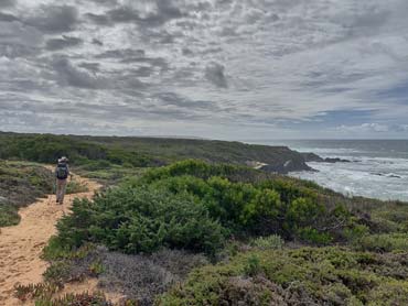 A single hiker walking along a sandy coastal footpath with ocean to the right